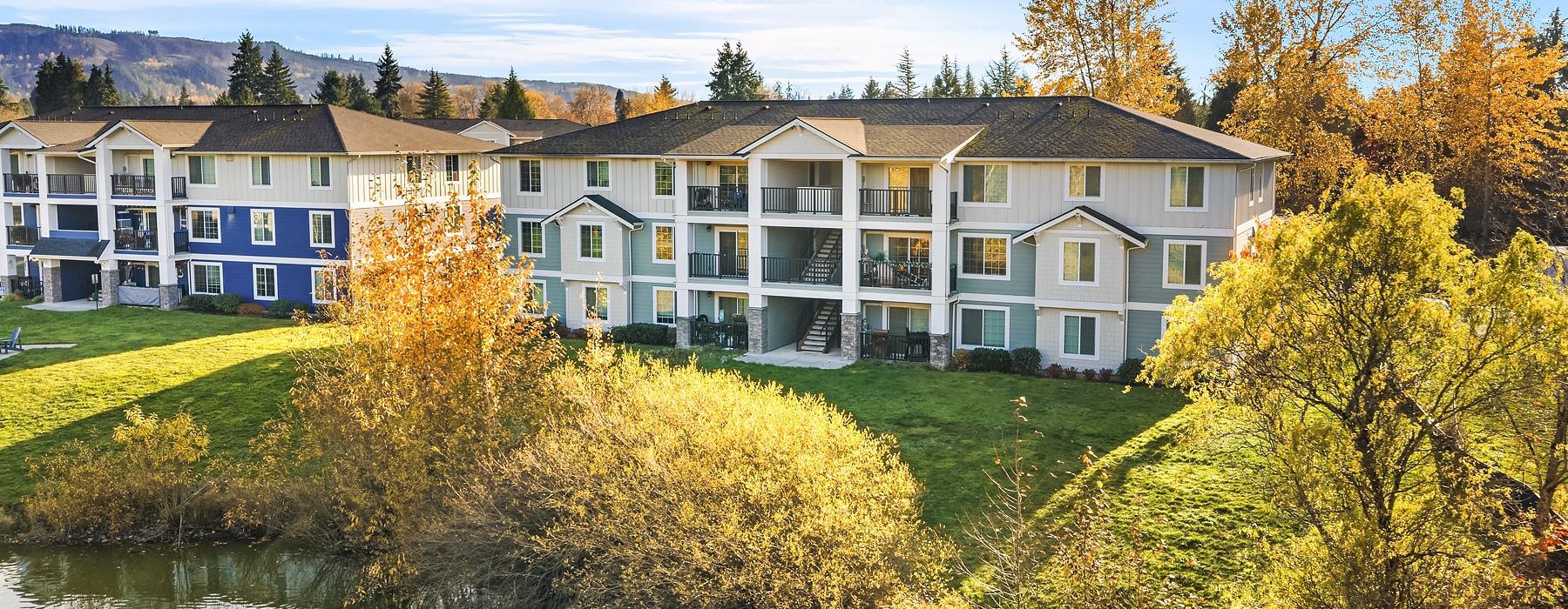 a row of houses by a river